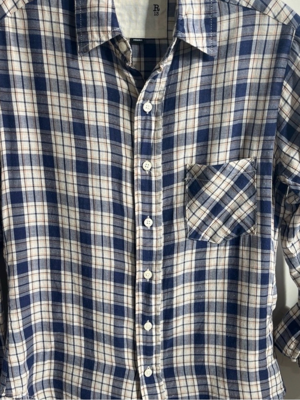 R 13  Navy and White Plaid Button-Down Shirt